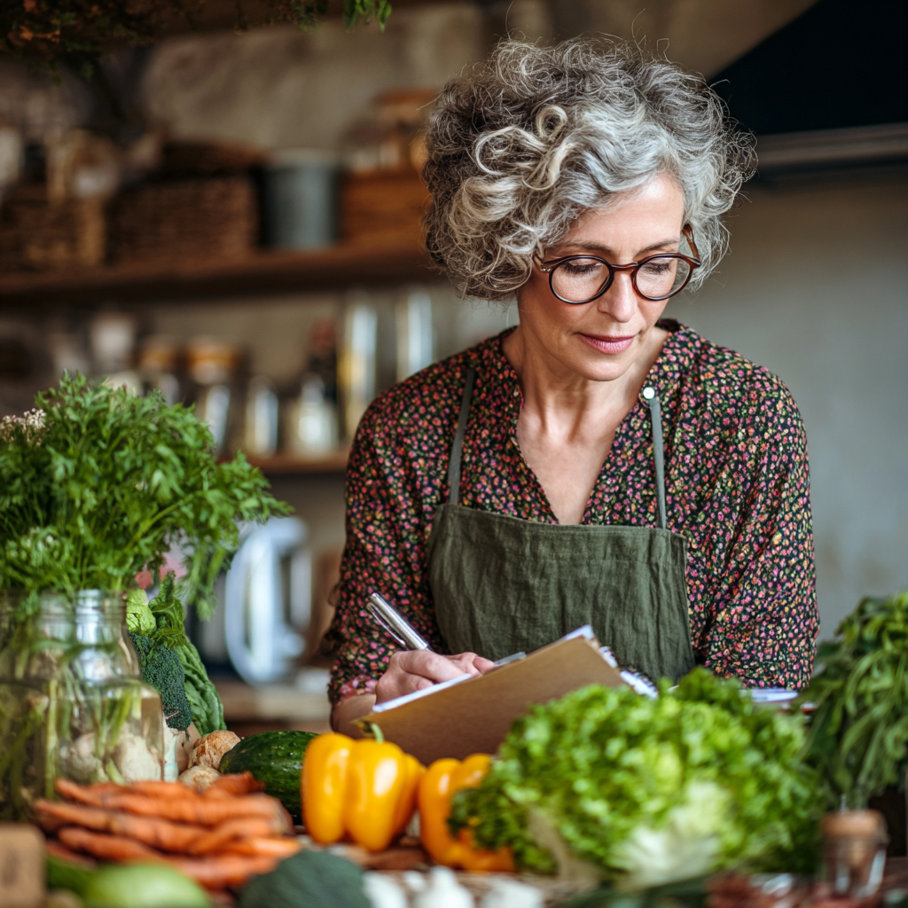 Middle-aged woman planning weekly meals with fresh vegetables and nelstaro recipes